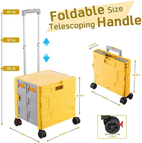 FELICON Folding Utility Cart Rolling Crate Handcart Basket Tote-Yellow+Gray - Image 3