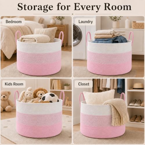 JMvicyroam 65L Extra Large Blanket Basket for Living Room - Woven Cotton Rope Laundry Hamper with Reinforced Handles - Storage Bin for Pillows, Comforters & Toys - Machine Washable,White&Pink Mix - Image 5