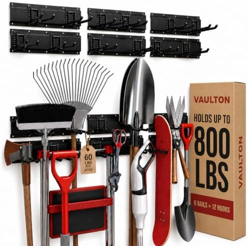 VAULTON 96" Garage Wall Organizer, Steel Tool Rack, 6 Rails 12 Double Hooks by VAULTON