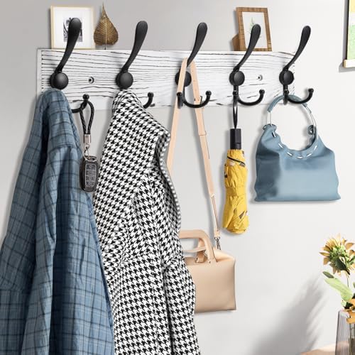 Kuhome 2pcs Coat Rack Wall Mount Wooden Hat Rack for Wall Hooks Pine Real Wood Plank 16.9" Old White Coat Hanger with 5 Black Triple Hooks for Hanging Coat Hat Jacket - Image 5