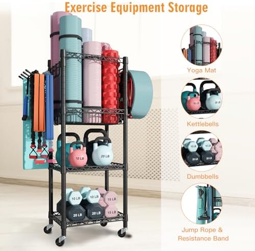 FUTASSI Home Gym Storage, 3 Tiers Workout Equipment Organizer with Wheels for Yoga Mats, Foam Roller, Dumbbells, Kettlebells, and Resistance Bands - Image 3