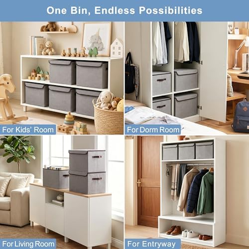 Bagnizer Large 17" 42 Quarts Collapsible Stackable Storage Bins with Lids [3-Pack] Foldable Fabric Linen Storage Boxes Cube, Closet Organizer Baskets with Label for Home (16.7 x 12 x 12, Gray) - Image 4