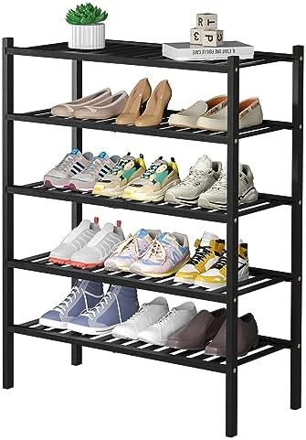 ROMGUAR CRAFT 5 Tier Bamboo Shoe Rack for Closet Free Standing Wood Shoe Shelf for Entryway Small Space Stackable 27"x11"x33" (Black) by ROMGUAR+CRAFT