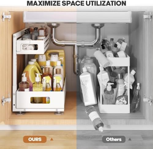 2 Pack 17IN-Depth Under Sink Organizer,Pull Out Cabinet Organizer With Smooth Cylindrical Rail,Metal Slide Out Drawer for Kitchen Bathroom Laundry,8-Level Tool Free Height Adjustable-White - Image 6