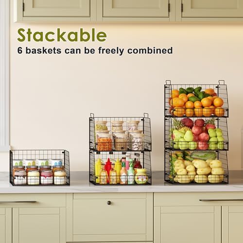 Jakyitvi 6 Pack Stackable Wire Baskets for Pantry,6 Pank Metal Pantry Organizer Storage Bins for Kitchen Snack, Fruit, Potato, Onion & Vegetable Storage, Wire Baskets for Pantry Organization - Image 2