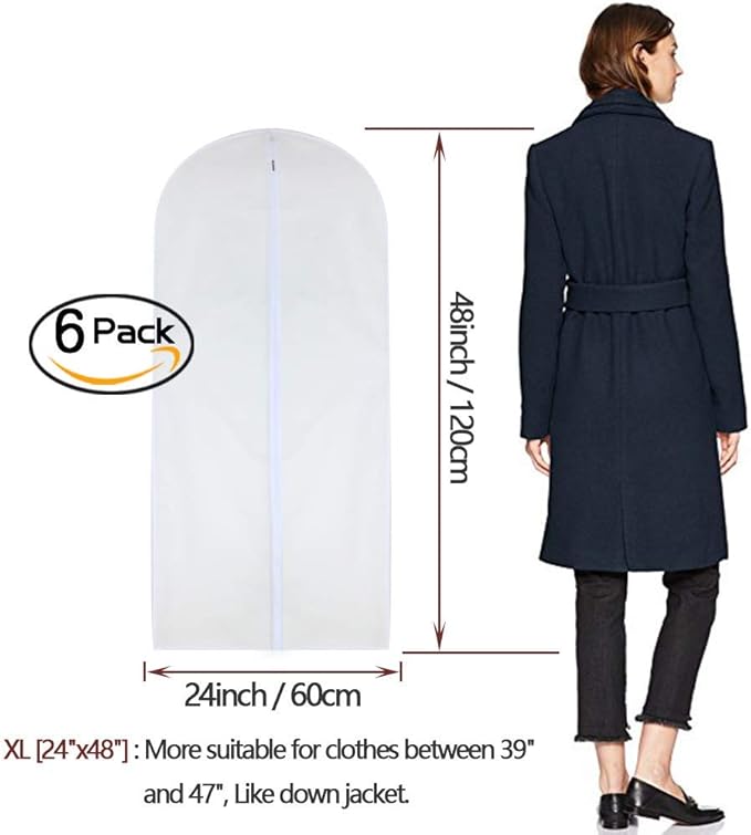 Garment Bags for Hanging Clothes 24'' x 48'' Long Suit Dust Hanging Garment Bag White Breathable Suit Covers for Closet Full Zipper Dust Cover for Dance Dress Clothes Pack of 6 - Image 2