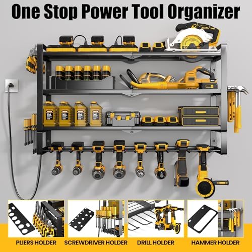 MOOMSINE Large Power Tool Organizer Wall Mount with Charging Station for Garage, 400lbs Metal Storage Rack with 8 Cordless Drill Holder, 4 Tier Heavy Duty Battery Tool Shelf with 5 Outlet Power Strip - Image 3
