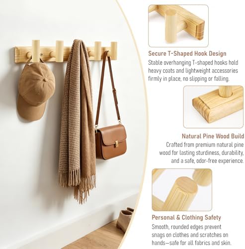 Coat Rack Wall Mount-5 Hooks, Wood Hook Rail for Towel Coat Hat Purse Bag Jacket, Towel Racks for Entryway Bathroom Kitchen Organizer Essential - Image 3