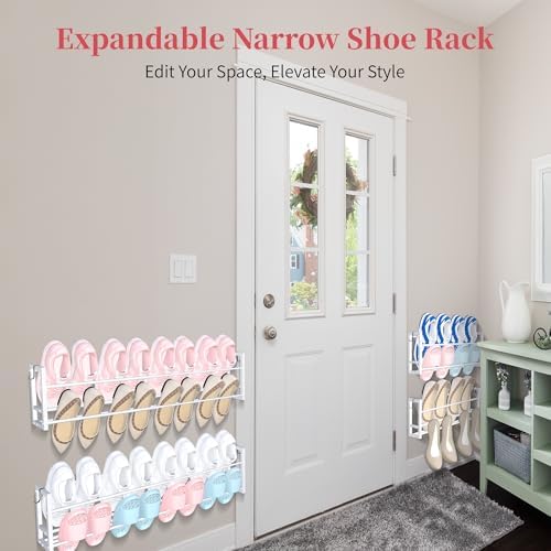 2 Pack Wall Mounted Shoe Rack for Narrow Spaces, Hanging Shoe Rack Holds 16 Pairs, 17"-30"Adjustable Heavy Duty Wall Shoe Storage with 4 Storage Hooks, Space Saving for Closet Entryway Door, White - Image 3