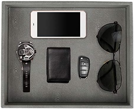 HofferRuffer Decorative Desktop Organizer Tray, Bathroom Vanity Tray, Storage Jewelry Perfume Dresser Tray, Catchall Tray for Change Coin Key, 10.2 x 8.4 x 1.8 inches (Dark Grey Faux Leather Shagreen) by HofferRuffer