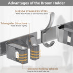 Over the Door Heavy Duty Metal Broom & Mop Holder, No-Drill Cleaning Supply Organizer with 4 Grips, 3 Hooks & 1 Storage Basket for Laundry Room & Garage - Image 4