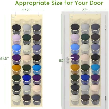 Baseball Hat Rack, 27 Pocket Over-The-Door Hat Organizer with Clear Deep Pockets to Display Baseball Caps Collection, Complete with 3 Over Door Hooks (Beige, 27 Pockets) - Image 5