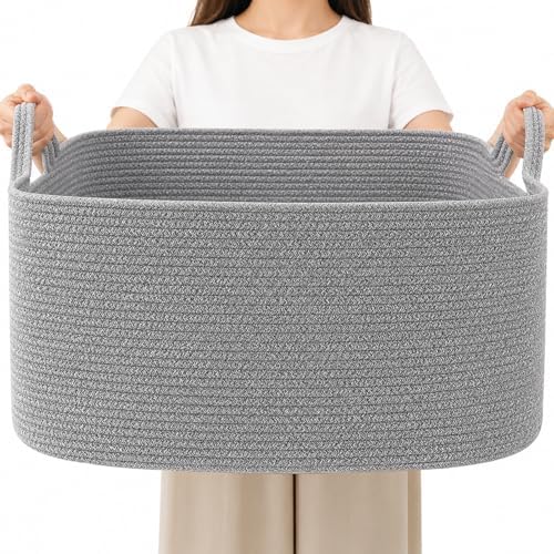96L Woven Laundry Basket with Handles, Extra Blanket Basket, Grey by HZFTJOY