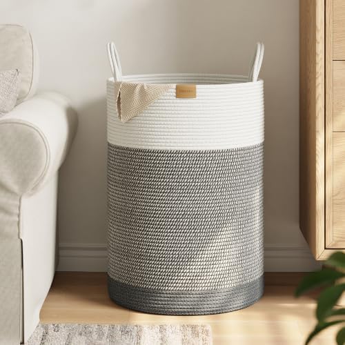 Nunsino Laundry Hamper 95L,Large Laundry Basket for Clothes,Decorative Storage Basket for Blankets,Cotton Rope Woven basket for bedroom,Grey White by Nunsino