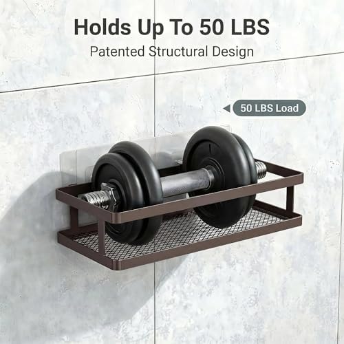 PUSDON 2-Pack Minimalist Shower Caddy Wall Mount, Open Frame Bathroom Shelf Organizer with Mesh Base, Rustproof Floating Spice Rack for Kitchen, Holds 50 LBS, 4 Hooks - Vintage Bronze, Guardrail - Image 5