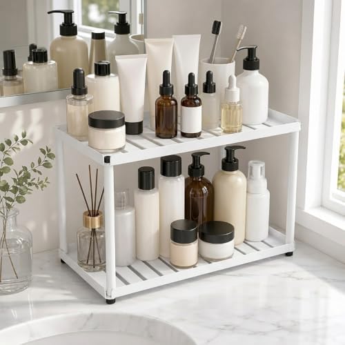 2 Tier Bathroom Counter Organizer, Rectangular Vanity Organizer Shelf, Skincare and Makeup Countertop Storage Rack for Kitchen, Bathroom, Bedroom,White - Image 7