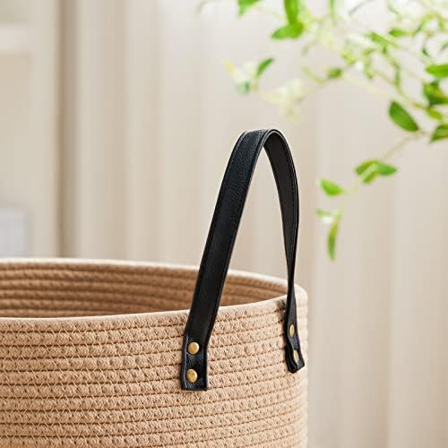 VIPOSCO 58L Tall Woven Rope Laundry Hamper, Leather Handles, Brown & Black - Image 3