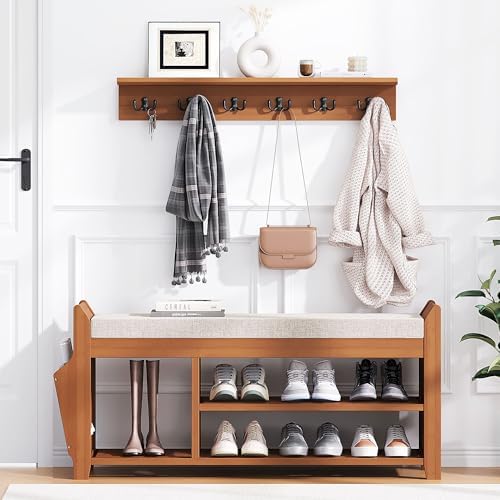 PETKABOO 39.4" Shoe Bench with Coat Rack Hidden Drawer and Side Holder, 2 Tier Entryway Bench with Storage, Bamboo Shoe Rack with Cushion for Entryway Hallway Living Room Bedroom - Image 7