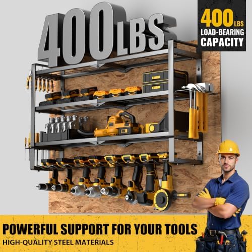 MOOMSINE Large Power Tool Organizer Wall Mount for Garage, 4-Tier Heavy Duty Metal Storage Rack Loads 400lbs, Battery Tools Hanger with 8 Cordless Drill Holders for Workshop, Pegboard, Shed - Image 4