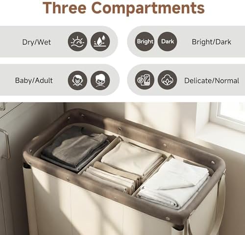 StorageWorks 2 Section Laundry Hamper, 120L Tan Sorter Cart with Wheels - Image 4