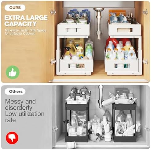 2 Packs 19IN Depth Under Sink Organizer, 2-Tier Pull Out Cabinet Organizer With Smooth Circular Rail, Large Capacity Metal Mesh Sliding Drawers For Bathroom& Kitchen Storage,Height Adjustable –White - Image 3