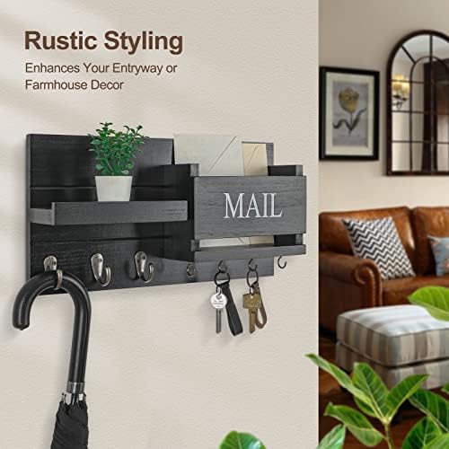 Lwenki Mail Organizer for Wall Mount – Key Holder with Shelf Includes Letter Holder and Hooks for Hallway Farmhouse Decor – Rustic Wood with Flush Mounting Hardware (16.5” x 9.1” x 3.4”) (Black) - Image 4
