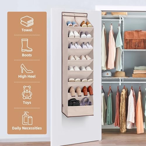 STORAGE MANIAC Over the Door Shoe Organizer Heavy-Duty Large Deep Pocket Hanging Shoe Organizer Shoe Rack Door Closet Shoe Organizer for Wall, Dorm & Narrow Door Storage Shoe Holder Oat Beige, 2 Pack - Image 5