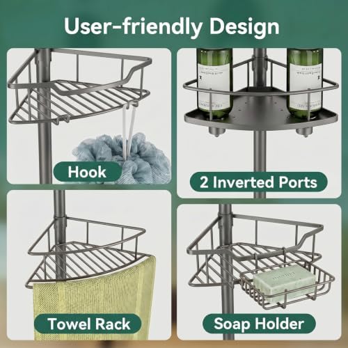 Corner Shower Caddy Tension Pole, 4 Tier Rustproof Shower Tension Rod Organizer, Adjustable 25-125 Inch Bathroom Shower Organizer Shelves for Bathtub Shampoo Storage, Grey - Image 6
