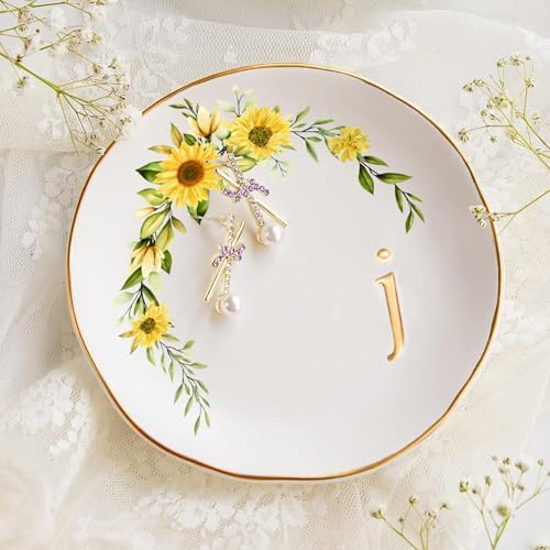 COLLECTIVE HOME - Ceramic Jewelry Tray, Trinket Dish for Rings Earrings Necklaces Bracelet Watch Keys, Birthday Mother's Day Christmas Gift for Women, 4.75", White Surface wirh Sunflowers (j) - Image 2