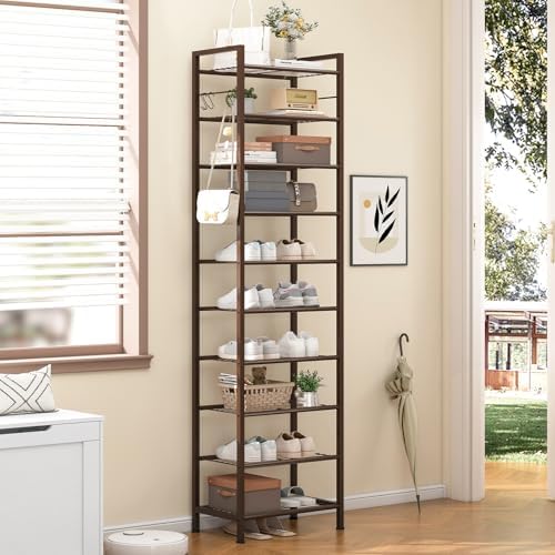usikey 10 Tiers Narrow Shoe Rack 20-30 Pairs, Sturdy Metal Tall Shoe Rack Shelf with 4 Hooks, Slim Shoe Storage with Metal Shelf, Space Saving Vertical Shoe Organizer for Closet Entryway, Bronze - Image 2