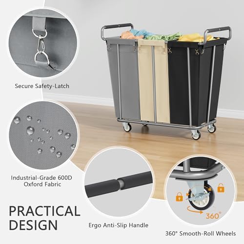 Gewudraw 3 Section Rolling Laundry Sorter Cart with Wheels, 360L - Image 5