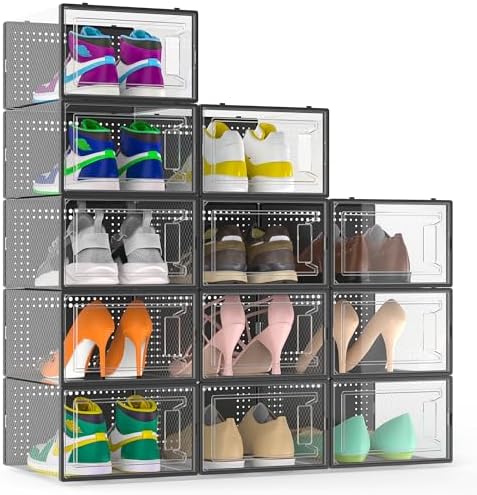 12 Pack Large Stackable Clear Plastic Shoe Storage Boxes Organizer, Black by Unknown