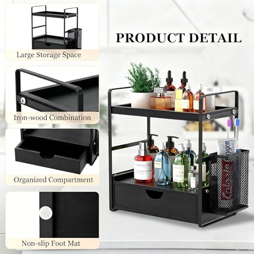 LEMIKKLE Bathroom Counter Organizer with Basket, Bathroom Organizers and Storage,Skincare Organizers for Vanity,Storage Organizers for Bathroom, Kitchen, Dresser (Black with Drawer) - Image 4