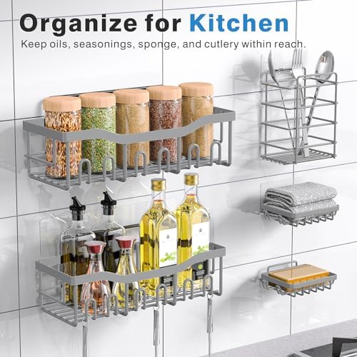 Shower Caddy 5 Pack,Adhesive Shower Organizer for Bathroom Storage&Home Decor&Kitchen,No Drilling,Large Capacity,Rustproof Stainless Steel Bathroom Organizer,Shower Shelves for Inside Shower-Larger - Image 6