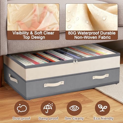 Dolicer 4 Pack Under Bed Storage with Wheels, 6in-10in Height Adjustable Underbed Storage Containers, 92L XXXL Under Bed Drawers Rolling Bin with Clear Lids for Dorm Shoes Clothes Organizers(Grey) - Image 5