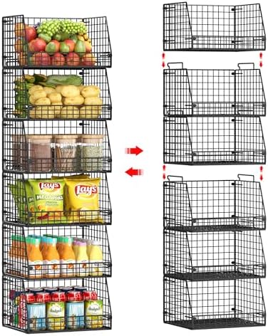 Jakyitvi 6 Pack Stackable Wire Baskets for Pantry,6 Pank Metal Pantry Organizer Storage Bins for Kitchen Snack, Fruit, Potato, Onion & Vegetable Storage, Wire Baskets for Pantry Organization by Jakyitvi
