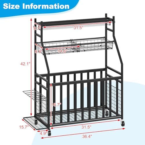 Jsskeeim Garage Sports Equipment Organizer,Sports Ball Organizer with Wheels,Mesh Pocket, Basket,Ball Organizer with Baseball Bat Rack and HooksToy Storage Rolling Cart-Black - Image 7