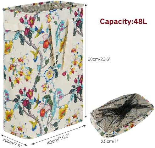 efluky Slim Laundry Basket, Narrow Laundry Hamper with Handles, Collapsible Dirty Clothes Hamper, Tall Laundry Bin for Laundry Room, Dorm and Bedroom, 48L (12.7 Gallon) Floral - Image 2