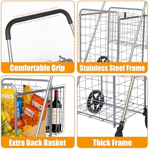 Whitmor Utility Folding Shopping Cart, 115L Heavy Duty Grocery Cart with Double Basket, 360° Swivel Wheels, Foldable Rolling Utility Trolley, 110 Lbs Capacity for Grocery, Laundry, Travel, Sliver - Image 3