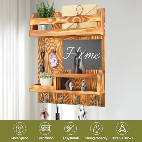Large Key and Mail Holder Wall Mount, 12.5x16.5 Inch Solid Wood Key Racks for Entryway, Front Door, Hallway, Wall Organizer (Burnt Brown) - Image 4