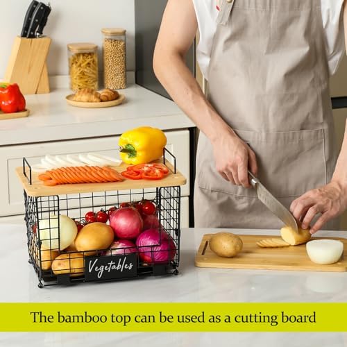 2 Set XL Stackable Wire Basket with Bamboo Tops & Tags- Pantry Organizer and Storage Bins, Kitchen Counter Cabinet Shelf Countertop Under Sink Organizing, Food Snack Produce Onion Potato Bread Storage - Image 4