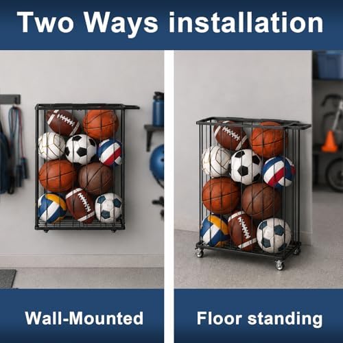 Garage Ball Storage Rack with Wheels, Metal Sports Ball Holder - Image 7