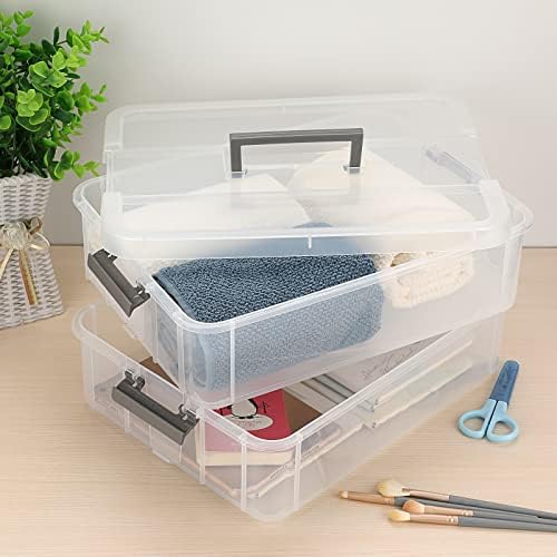 BTSKY 2 Layer Stack & Carry Box, Plastic Multipurpose Portable Storage Container Box Handled Organizer Storage Box for Organizing Stationery, Sewing, Art Craft, Jewelry and Beauty Supplies Dark Grey - Image 2