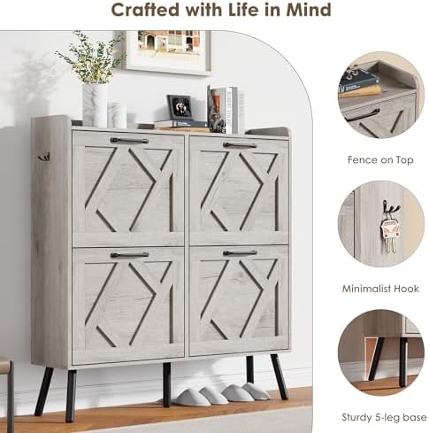 Nicetree Shoe Cabinet with 4 Flip Drawers, Freestanding Shoe Organizer Cabinet, Farmhouse Narrow Shoe Storage Cabinet for Entryway, Foyer, Hallway - Image 6