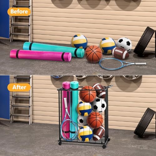 Columnar Vertical Ball Storage Racks with Wheels-New Durable Rolling Basketball Holder Wall Mount for Soccer, Volleyball, Space-Saving Garage Sports Ball Rack Organizer for Home,Gym & Outdoors - Image 5