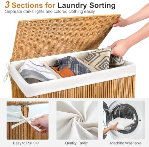 WOWLIVE Laundry Basket 3 Section, Handwoven Laundry Hamper with Wheels - Image 5