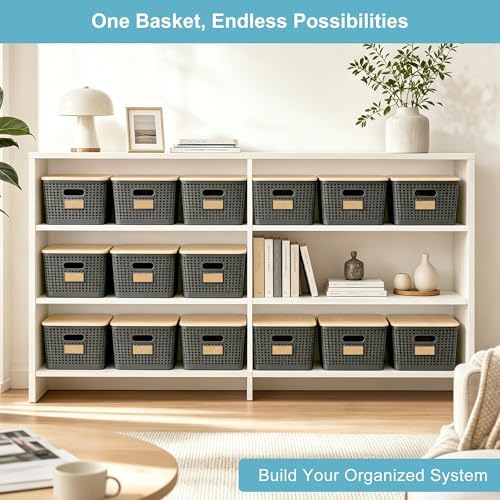 Bagnizer 2 Pack Tall Plastic Storage Bins with Bamboo Lids, 10.8qt Stackable Storages Baskets for Organizing Desktop Closet Playroom Classroom Office, 12"L x 8.3"W x 6.1"H, Gray - Image 6