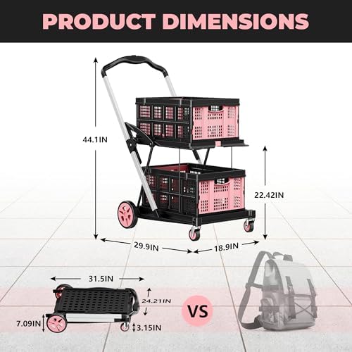 8-in-1 Max 200LBS Collapsible Shopping Cart on Wheels with 2 Storage Crates, Portable Foldable Shopping Cart with Foot Brake for Picnic, Supermarket, Office, Pink-2026 Upgraded - Image 2