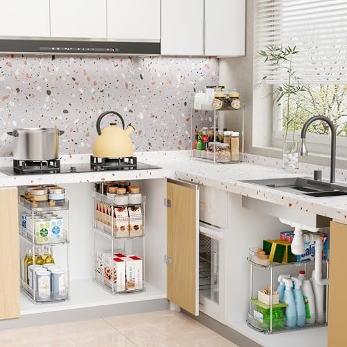 2 Pack Large Pull Out Bathroom Organizers and Storage,2 Tier 12.8″ Tall Sliding Kitchen Under Sink Organizer for Cleaning Products Storage,Acrylic Clear Bathroom inder Sink Organizer,Undersink Storage - Image 3