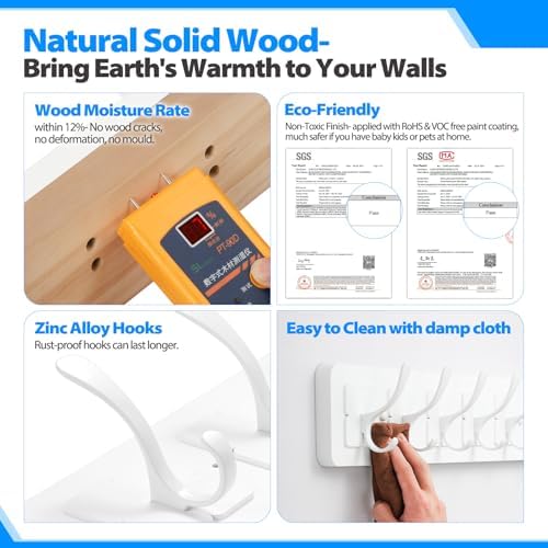 Solid Pine Wooden Wall-Mounted Coat Rack - Rustic Entryway Organizer with 6 Zinc Alloy Hooks, Space Saving Wall Coat Hanger for Jackets, Hats, Bags, Towels & Robes (White, 6 Double Hooks) - Image 4